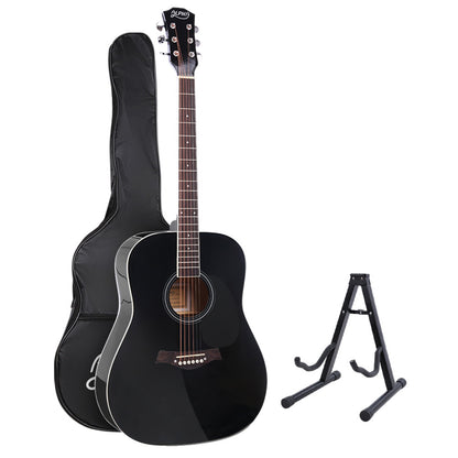 Alpha 41 Inch Acoustic Guitar Wooden Body Steel String Dreadnought Stand Black