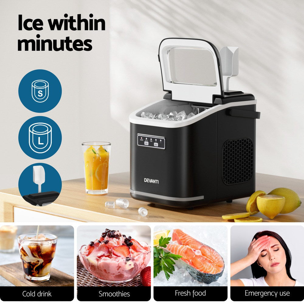 Devanti Ice Maker Machine Portable 12kg Countertop w/Self Cleaning 1.3L Black