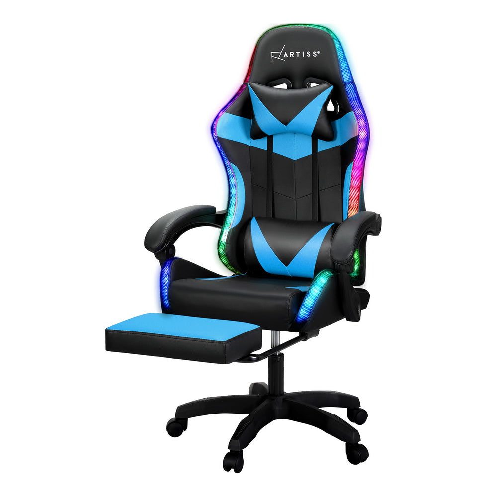 Artiss 6 Point Massage Gaming Office Chair 7 LED Footrest Cyan Blue