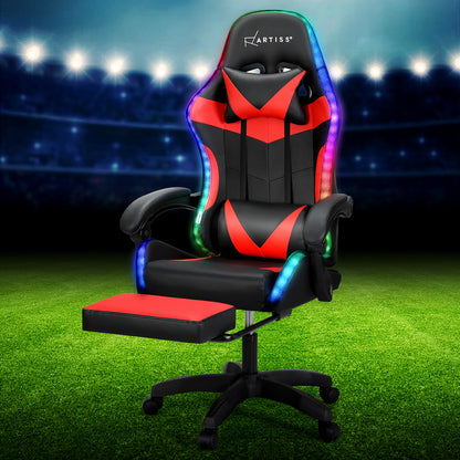 Artiss 6 Point Massage Gaming Office Chair 7 LED Footrest Red