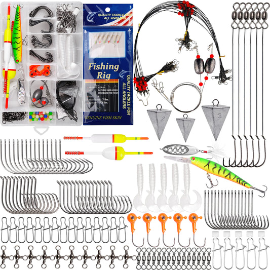 Saltwater Fishing Gear 180pcs Saltwater Surf Fishing Tackle Kit Fishing Bait Rigs Saltwater Fishing Lures Spoon Fishing Hooks Pyramid Sinker Leaders Swivel Slip Bobbers Various Fishing Accessories