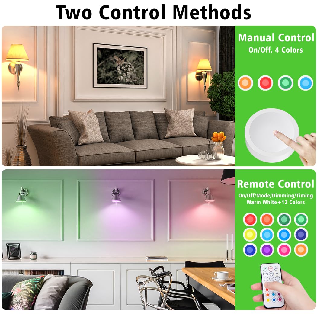 LED Puck Lights with Remote Battery Powered RGB Puck Light for E27 Chandelier,Dimmable Puck Light for Table Lamp Cupboard