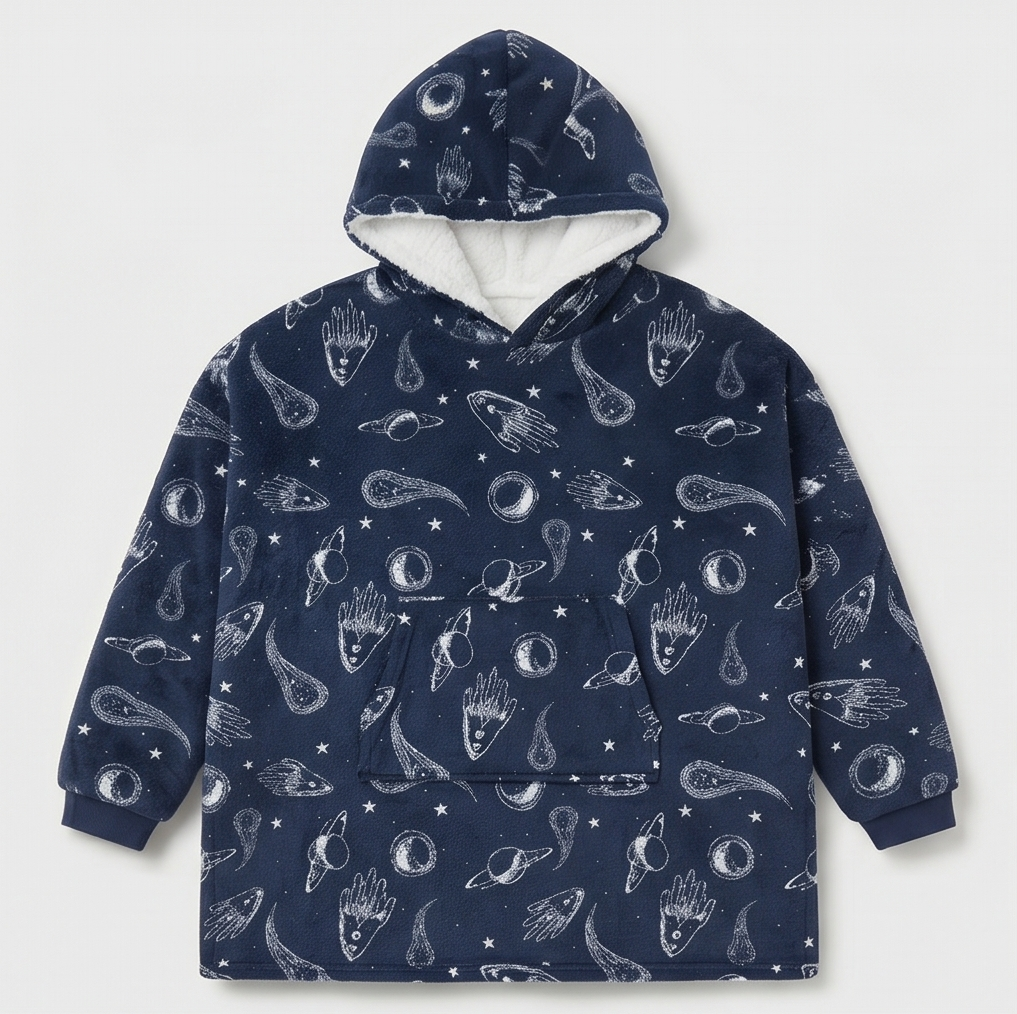 Kids Oversized Giant Wearable Blanket Hoodie Sherpa Fleece Sweatshirt Pullover - Navy Space - One Size Fits All (AU/EU)