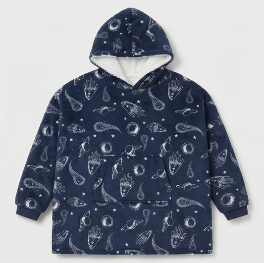 Kids Oversized Giant Wearable Blanket Hoodie Sherpa Fleece Sweatshirt Pullover - Navy Space - One Size Fits All (AU/EU)