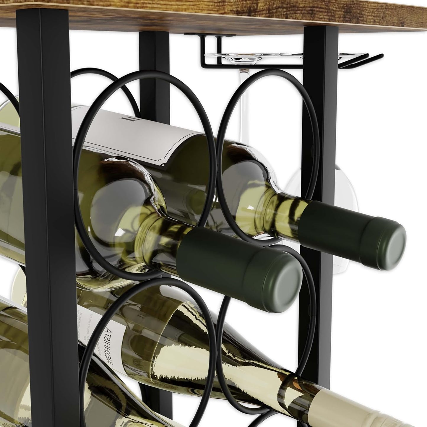 Wine Rack Countertop Wooden & Metal Holder for 6 Bottles & 2 Glasses