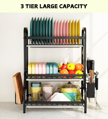 Dish Drying Rack 3 Tier Large Capacity Kitchen Storage with Utensil and Cutting Board Holder