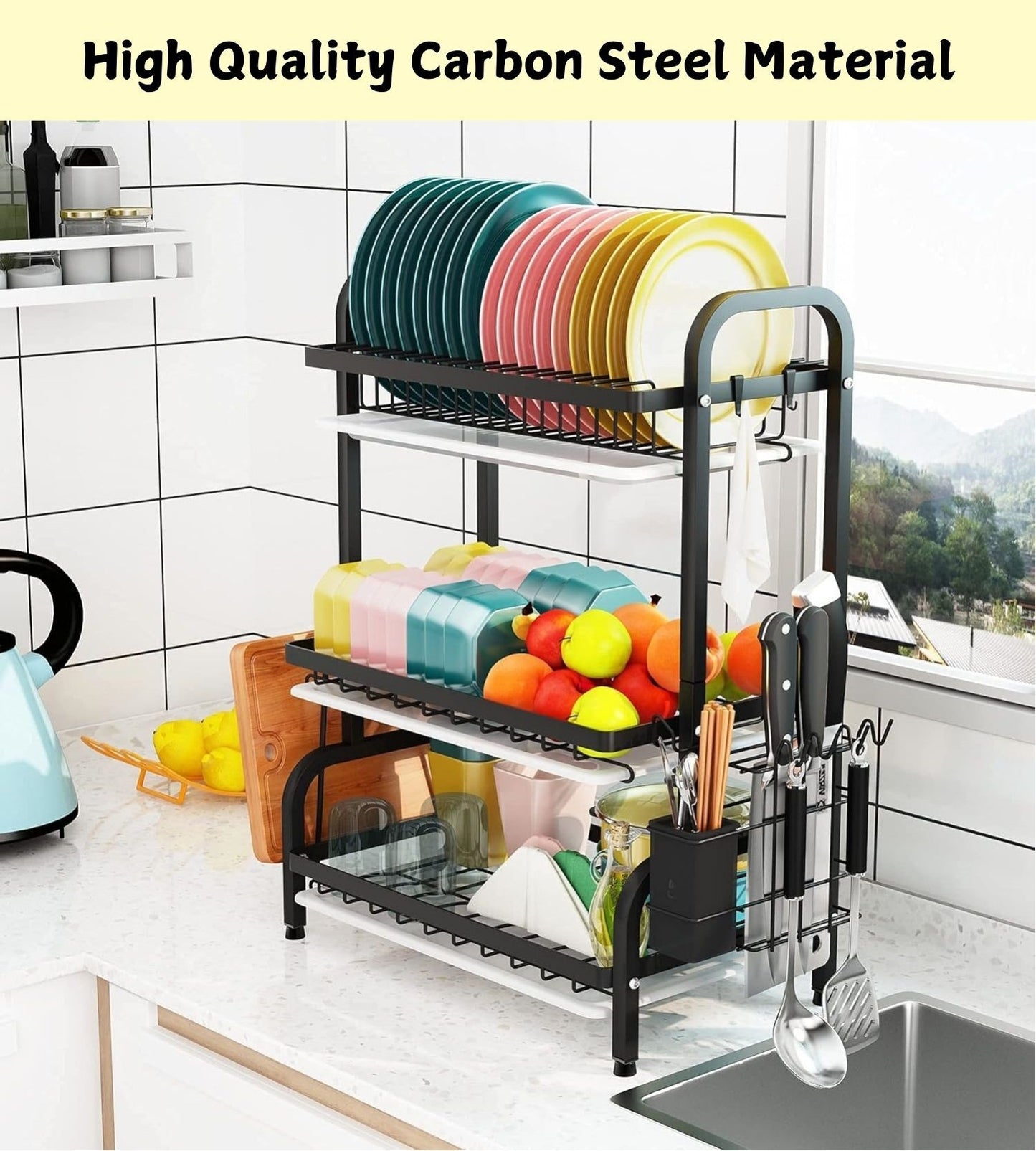 Dish Drying Rack 3 Tier Large Capacity Kitchen Storage with Utensil and Cutting Board Holder