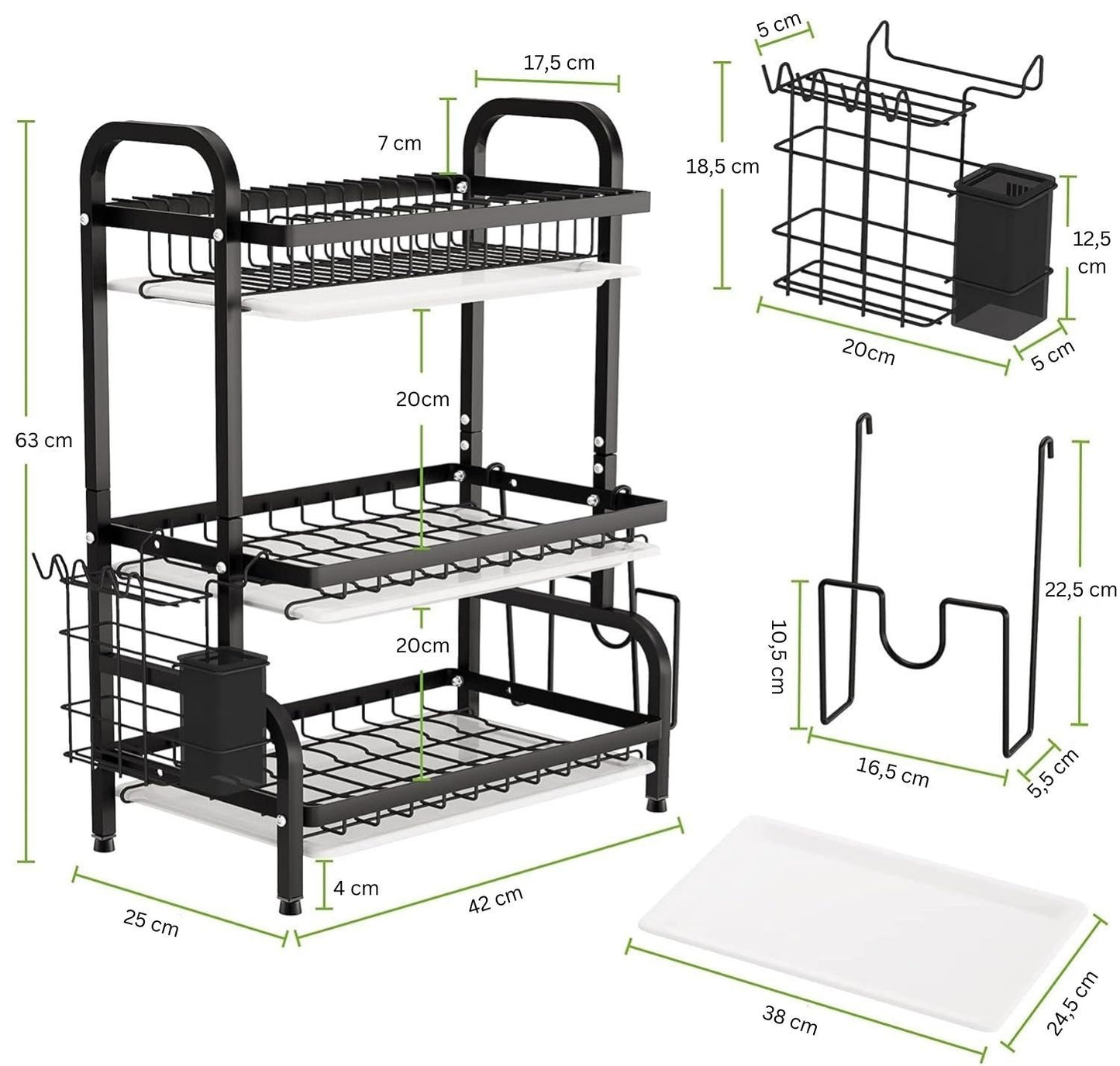 Dish Drying Rack 3 Tier Large Capacity Kitchen Storage with Utensil and Cutting Board Holder