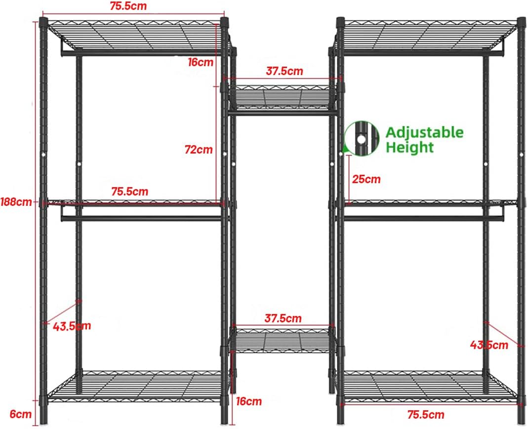 CARLA HOME Heavy Duty Clothing Garment Rack Organizer with Hanging Rods & Storage Shelves for Clothes, Shoes & Wardrobe