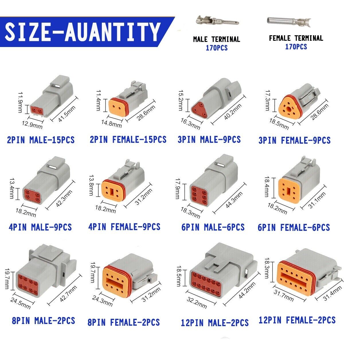 AU 1000 PCS Deutsch DT Connector Kit 14-16AWG Stamped Contacts 1100PCS UPGRADE