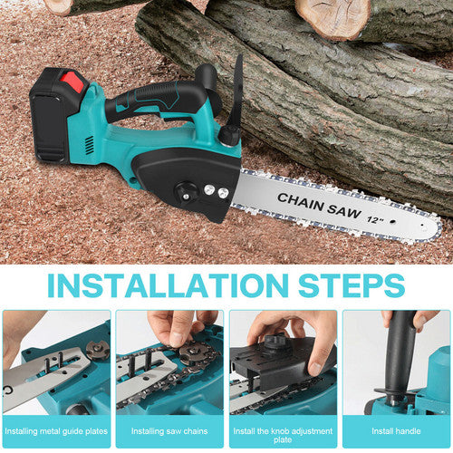 12"inch Cordless Electric Chainsaw + 2 Battery 2 Chain Brushless Wood Cutter Saw