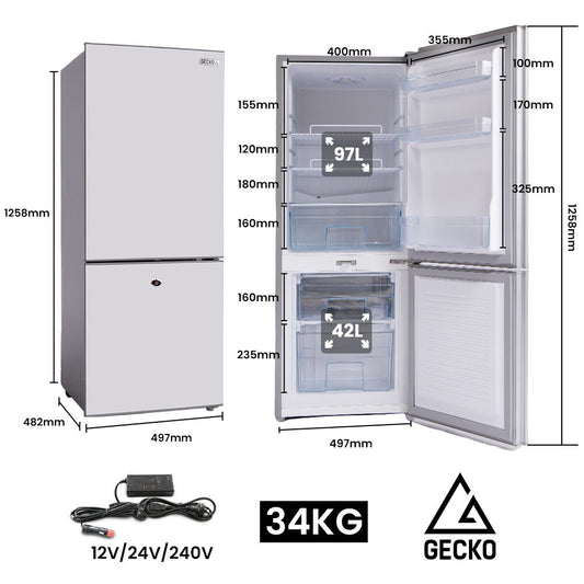 GECKO 139L Upright Portable Fridge / Freezer, 12V/24V/240V for Motorhome and Caravan, Silver