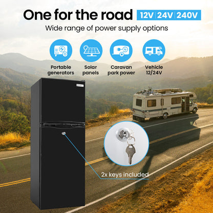 GECKO 142L Upright Portable Fridge / Freezer, 12V/24V/240V for Motorhome and Caravan, Black