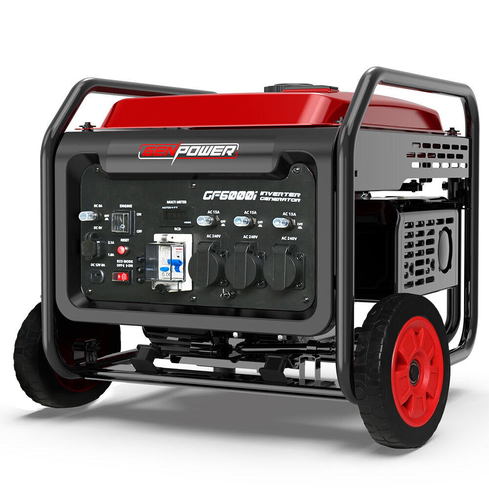 GENPOWER 6kW Peak 5kW Open Frame Inverter Generator, 3x15A, 15L Tank, Wheels, RCD, Portable, Backup