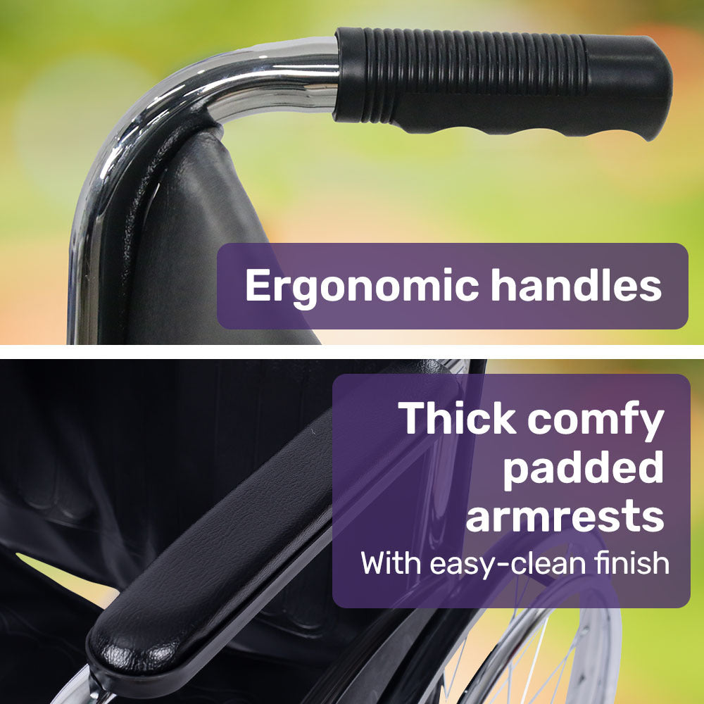 Equipmed Folding Manual Wheelchair Self Propelled, 24" Rear Wheels, Chrome Steel Frame, 46cm Wide Seat, 100kg Capacity, Park Brakes