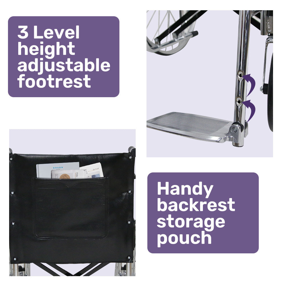 Equipmed Folding Manual Wheelchair Self Propelled, 24" Rear Wheels, Chrome Steel Frame, 46cm Wide Seat, 100kg Capacity, Park Brakes
