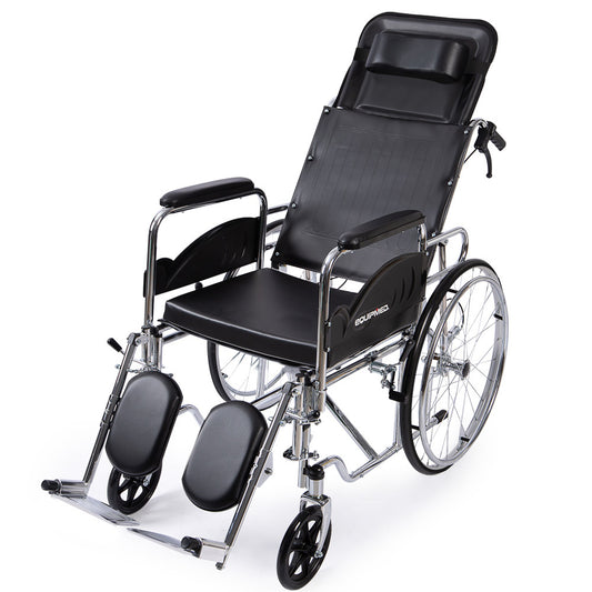 Equipmed Folding Manual Reclining Wheelchair Self Propelled, 24" Rear Wheels, Chrome Steel Frame, 46cm Wide Seat, 100kg Capacity, Park Brakes