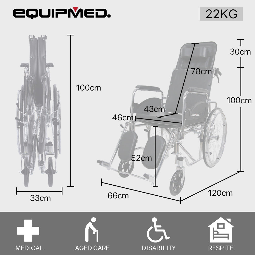 Equipmed Folding Manual Reclining Wheelchair Self Propelled, 24" Rear Wheels, Chrome Steel Frame, 46cm Wide Seat, 100kg Capacity, Park Brakes