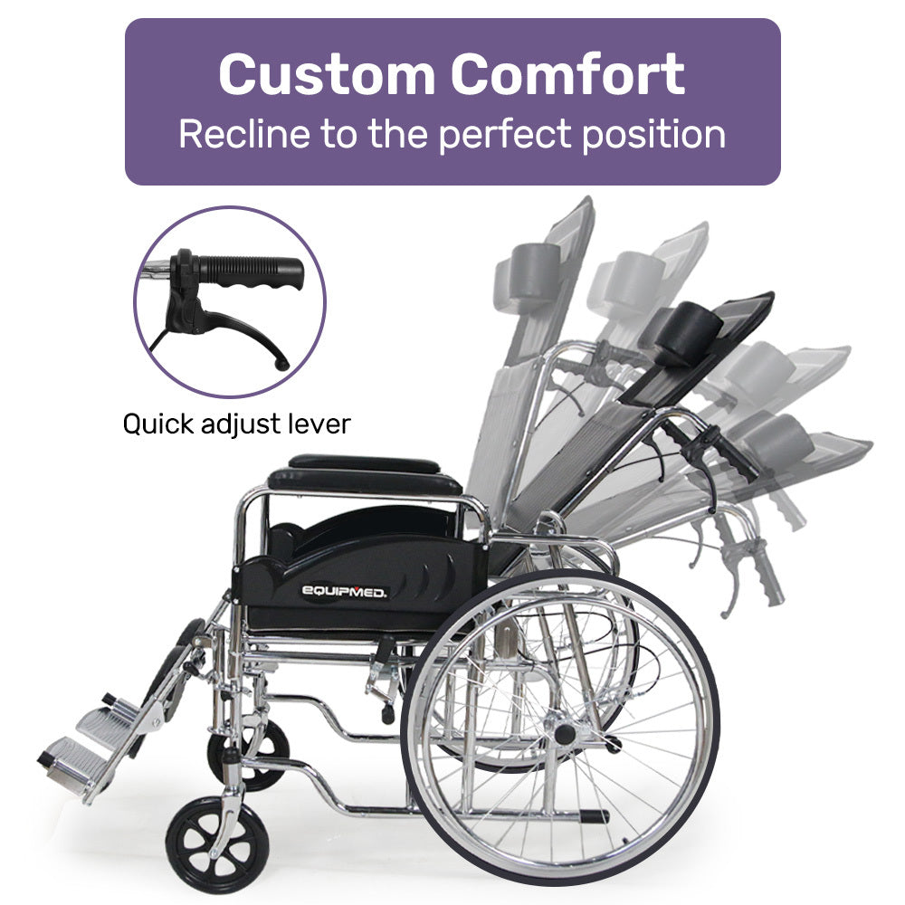 Equipmed Folding Manual Reclining Wheelchair Self Propelled, 24" Rear Wheels, Chrome Steel Frame, 46cm Wide Seat, 100kg Capacity, Park Brakes
