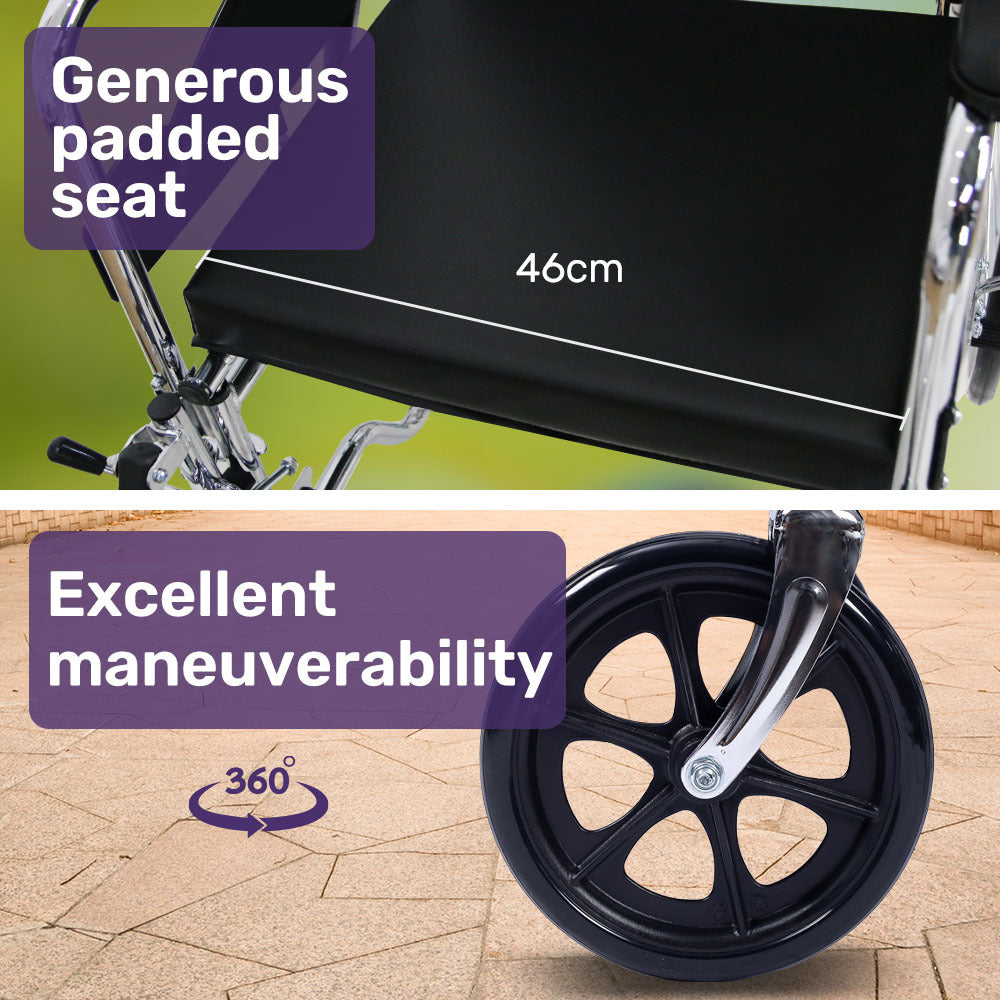 Equipmed Folding Manual Reclining Wheelchair Self Propelled, 24" Rear Wheels, Chrome Steel Frame, 46cm Wide Seat, 100kg Capacity, Park Brakes