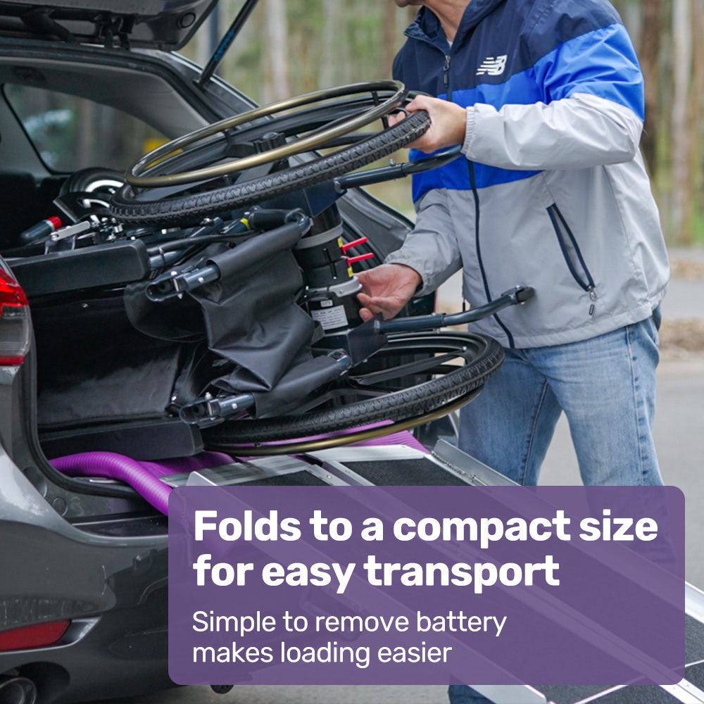 EQUIPMED Electric Wheelchair Folding, Long Range, Folding, Lithium Battery, 24" Light Rear Wheels, Matte Black/Blue