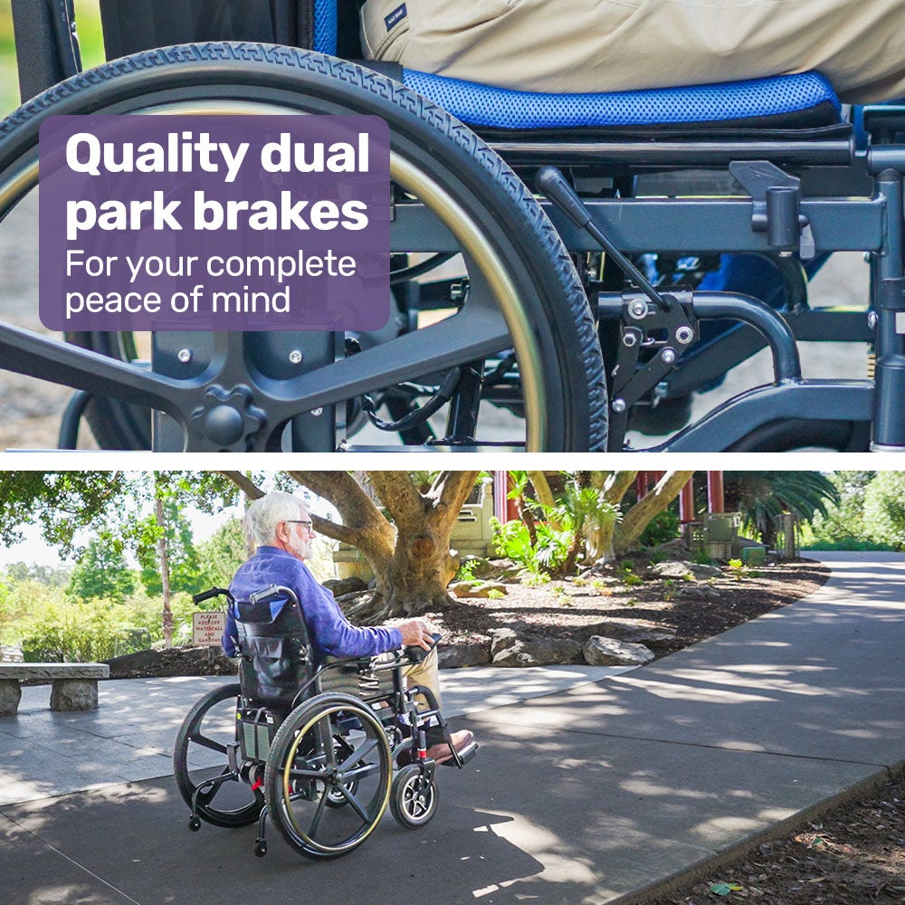 EQUIPMED Electric Wheelchair Folding, Long Range, Folding, Lithium Battery, 24" Light Rear Wheels, Matte Black/Blue