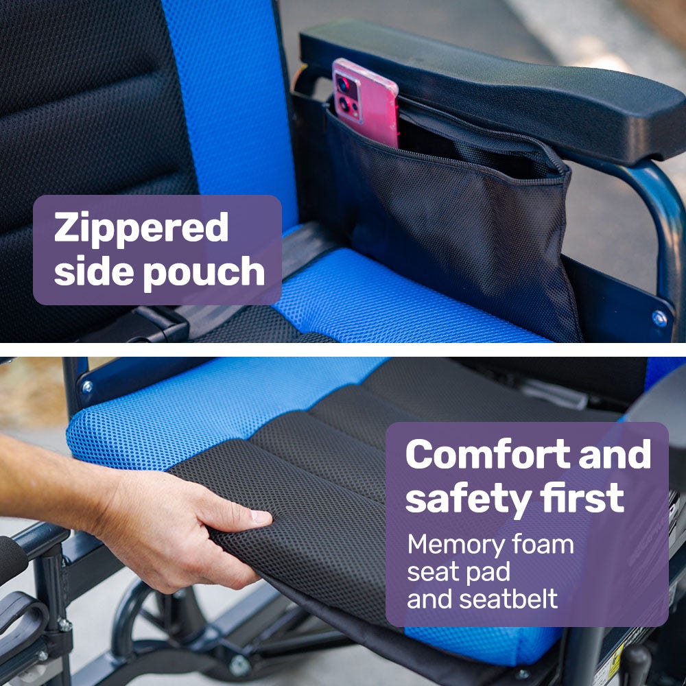 EQUIPMED Electric Wheelchair Folding, Long Range, Folding, Lithium Battery, 24" Light Rear Wheels, Matte Black/Blue