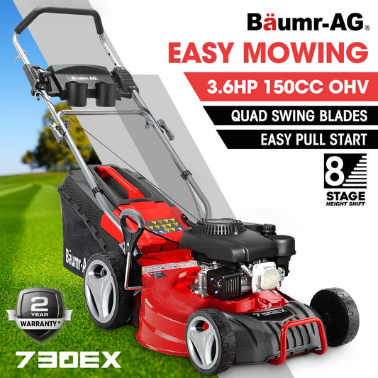 BAUMR-AG 18" 150cc Lawn Mower, 8 Heights, Steel Deck, Cup Holders, 4-Stroke Petrol Lawnmower - 730EX