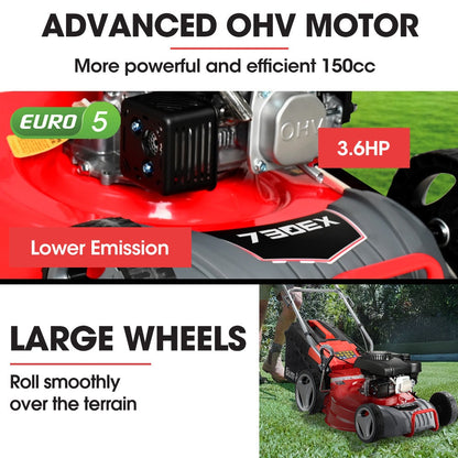 BAUMR-AG 18" 150cc Lawn Mower, 8 Heights, Steel Deck, Cup Holders, 4-Stroke Petrol Lawnmower - 730EX