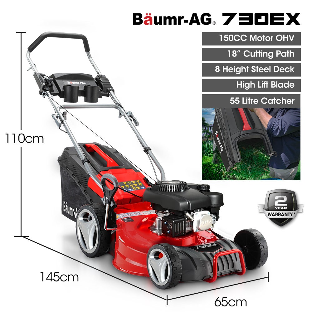BAUMR-AG 18" 150cc Lawn Mower, 8 Heights, Steel Deck, Cup Holders, 4-Stroke Petrol Lawnmower - 730EX