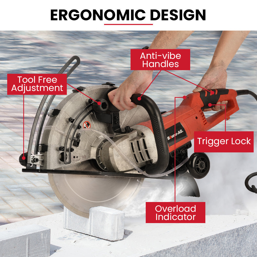 BAUMR-AG 3500W 350mm/14" Electric Concrete Demolition Cut-Off Saw, Wet and Dry Cutting, Diamond Blade, Vacuum Port, 15A Plug