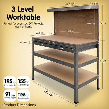 Kartrite 3-layered Work Bench Garage Storage Table Tool Shop Shelf Silver. -tools