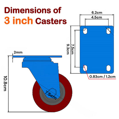 4x 3 inch Heavy Duty 2x Fixed + 2x Swivel Casters Load 300kg Castor Caster Wheels Swivel Casters with Brakes