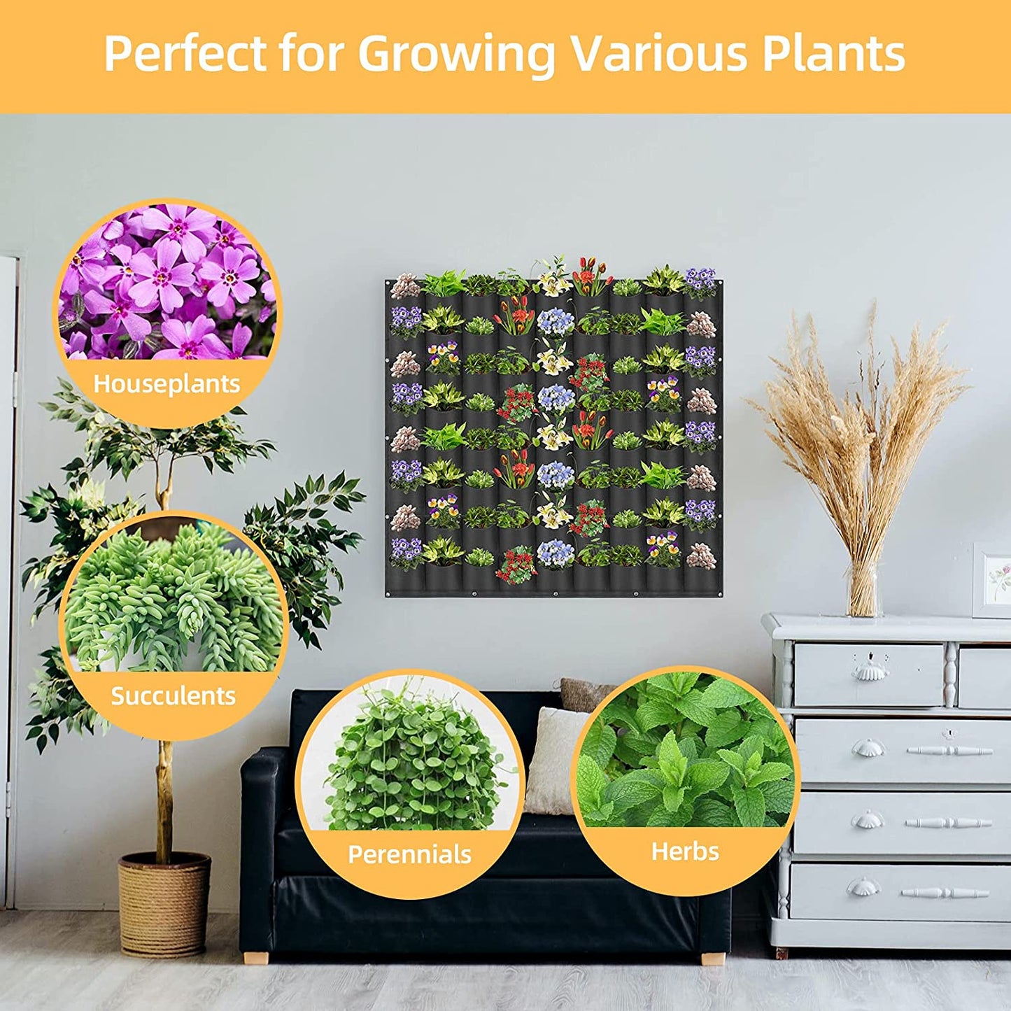 72 Pockets Wall Hanging Planter Planting Grow Bag Vertical Garden Vegetable Flower Black