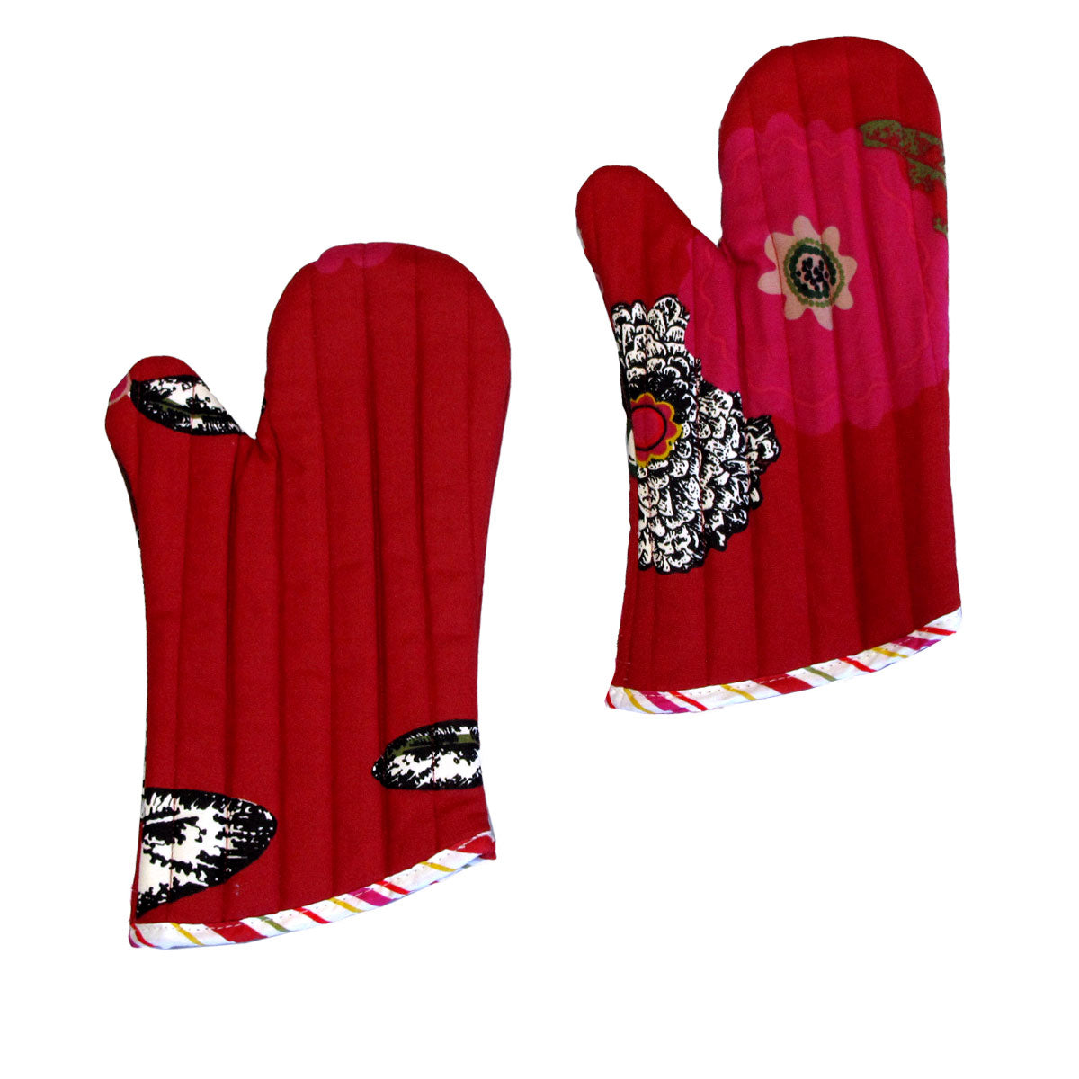 Set of 2 100% Cotton Printed Oven Mitts 34 x 15 cm Red Floral