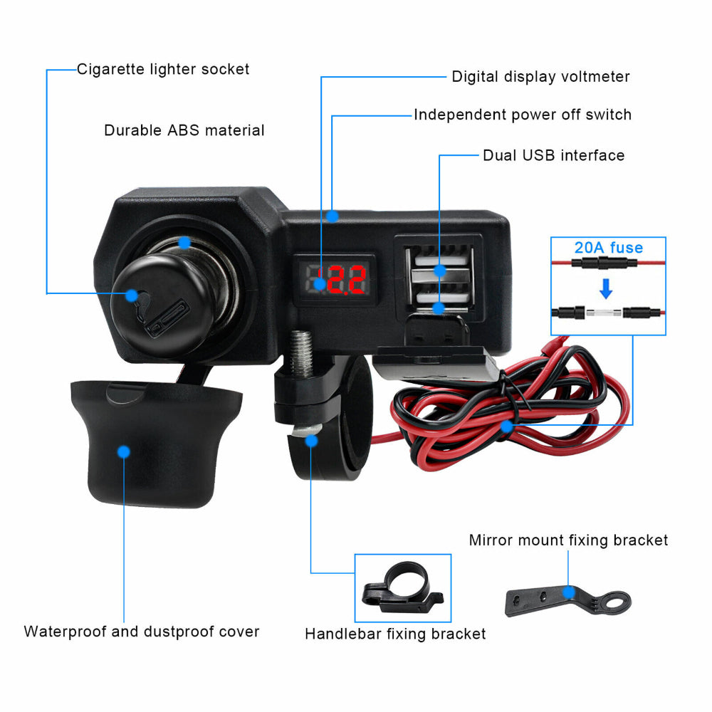 Motorcycle Handlebar Waterproof Dual USB Phone Charger Cigarette Lighter Socket