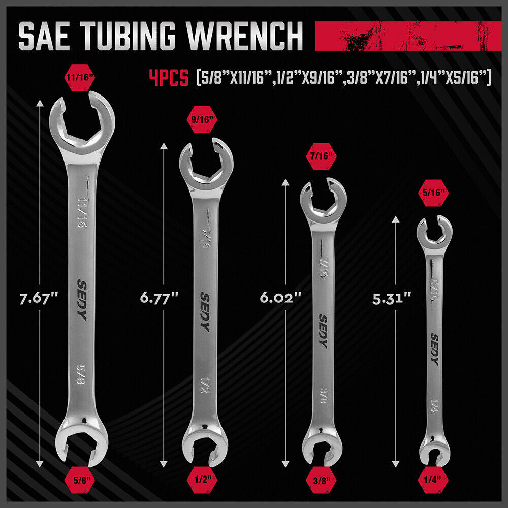 SEDY 4Pc Flare Nut Spanner Set SAE Brake Line Wrench Offset Head Organizer Pouch