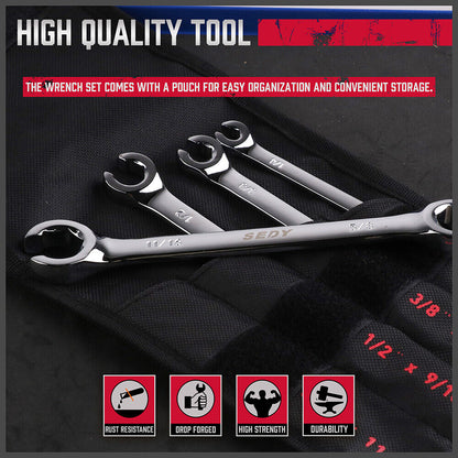 SEDY 4Pc Flare Nut Spanner Set SAE Brake Line Wrench Offset Head Organizer Pouch