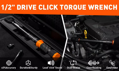 3Pc 1/2" Drive Click Torque Wrench Ratchet Socket  Adaptor Extension WorkShop