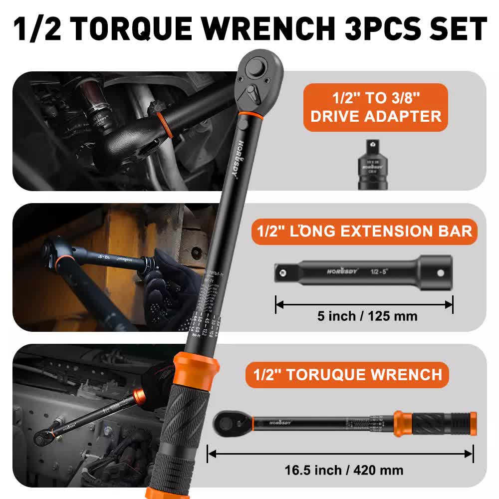 3Pc 1/2" Drive Click Torque Wrench Ratchet Socket  Adaptor Extension WorkShop