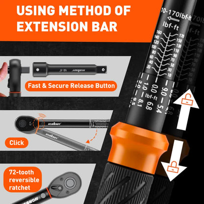 3Pc 1/2" Drive Click Torque Wrench Ratchet Socket  Adaptor Extension WorkShop