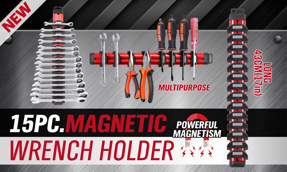 Magnetic Spanner Holder Aluminum 15 Wrench Rack Tool Screwdriver Organizer Red