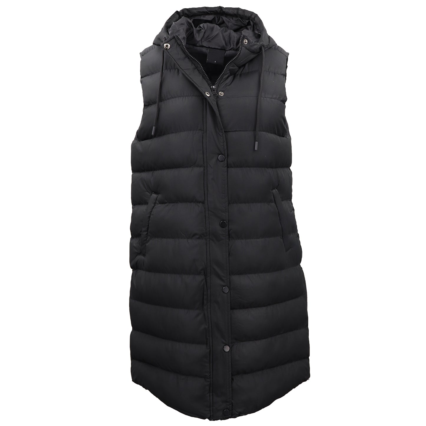 Women's Longline Padded Vest Hooded Jacket Puffer Puffy Quilted Zip Coat Gilet, Black, 8