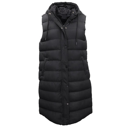 Women's Longline Padded Vest Hooded Jacket Puffer Puffy Quilted Zip Coat Gilet, Black, 8