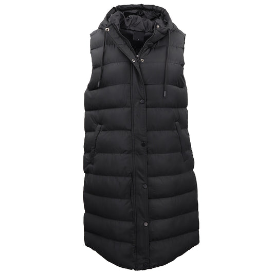 Women's Longline Padded Vest Hooded Jacket Puffer Puffy Quilted Zip Coat Gilet, Black, 10