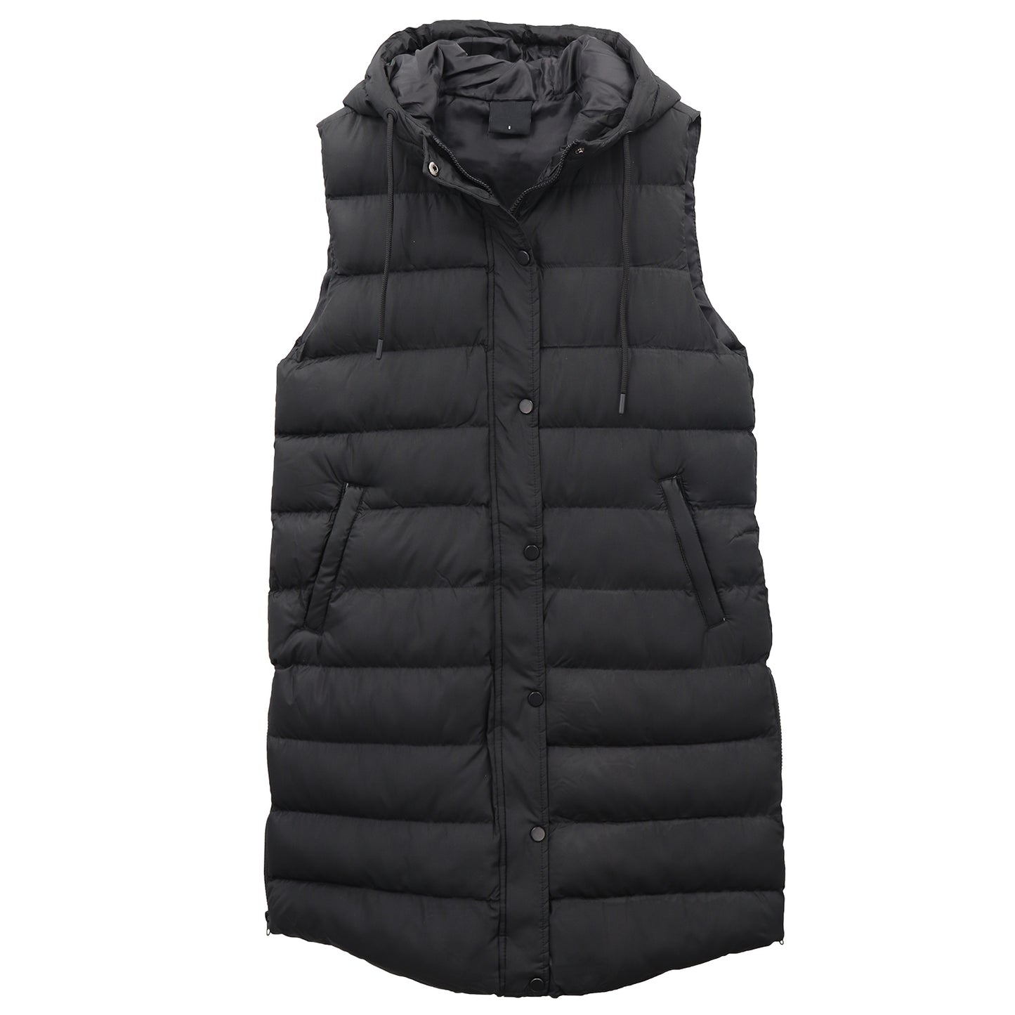 Women's Longline Padded Vest Hooded Jacket Puffer Puffy Quilted Zip Coat Gilet, Black, 12