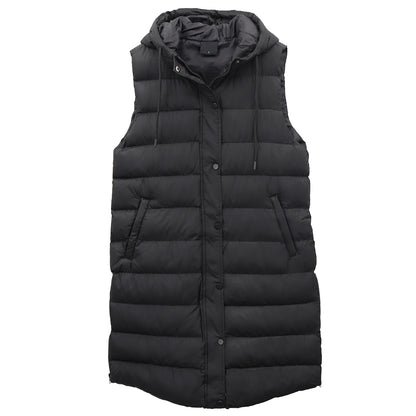 Women's Longline Padded Vest Hooded Jacket Puffer Puffy Quilted Zip Coat Gilet, Black, 14