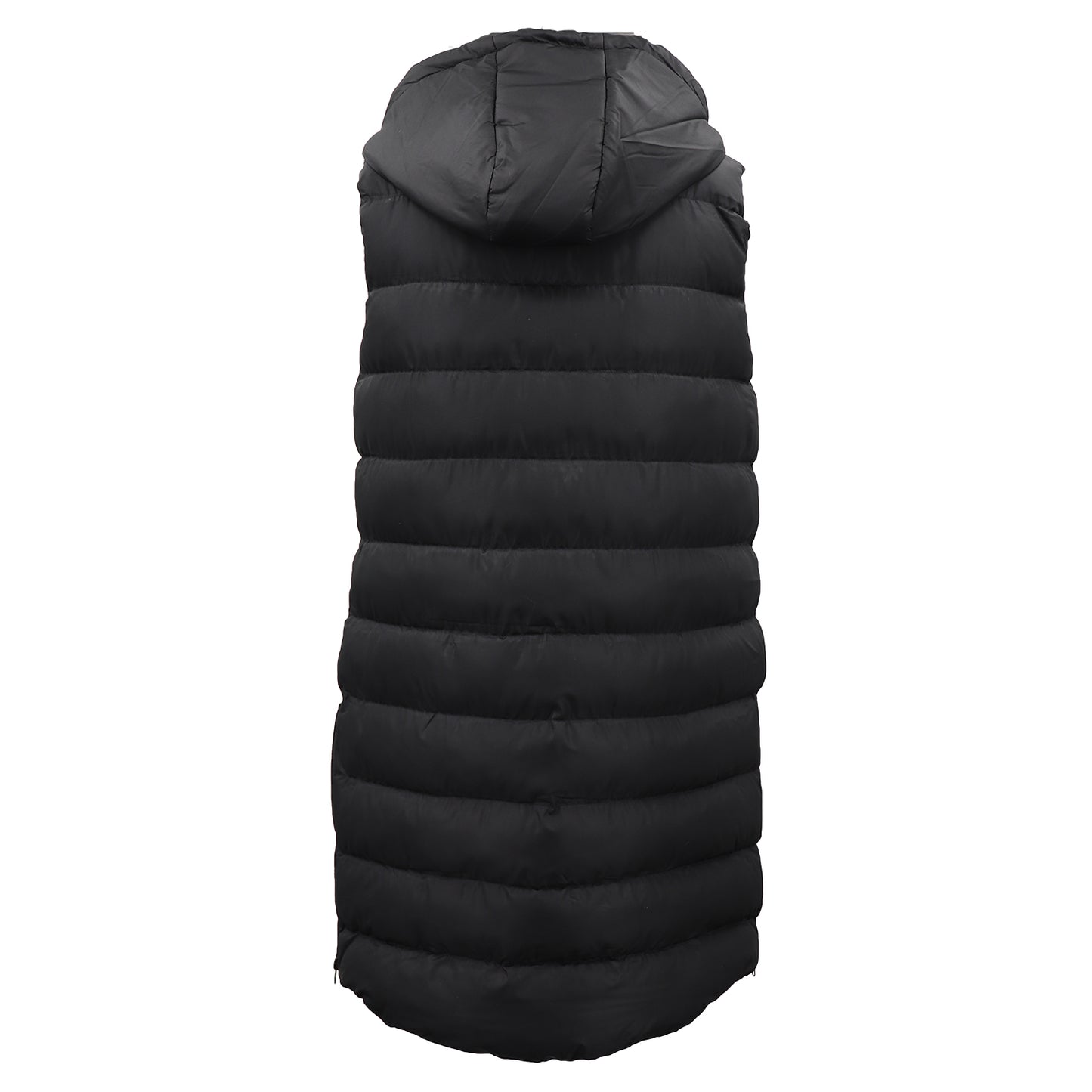 Women's Longline Padded Vest Hooded Jacket Puffer Puffy Quilted Zip Coat Gilet, Black, 14