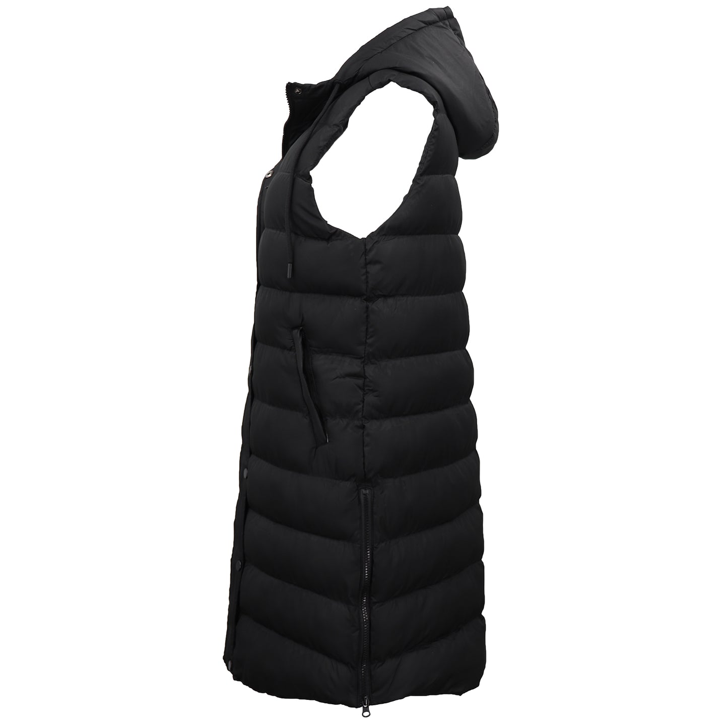Women's Longline Padded Vest Hooded Jacket Puffer Puffy Quilted Zip Coat Gilet, Black, 14