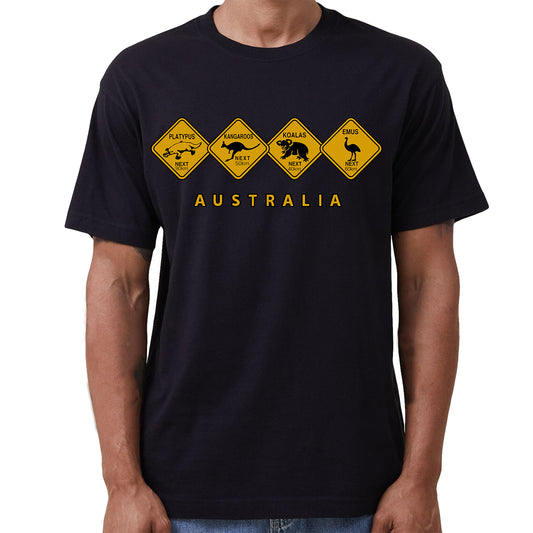 Adult Unisex 100% Cotton T Shirt Australia Wildlife Road Sign Souvenir Tee Tops, Black, S